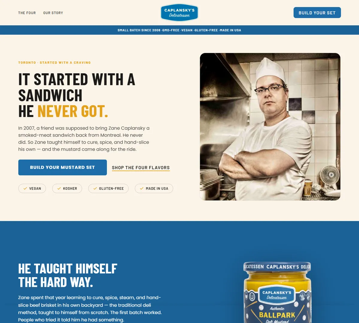 Caplansky's founder-story page on the rebuilt store